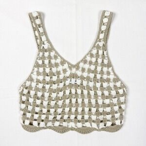 En‎ Saison Mirabeau Crochet Tank Top Women XS Beige White Checkered Boho Knit